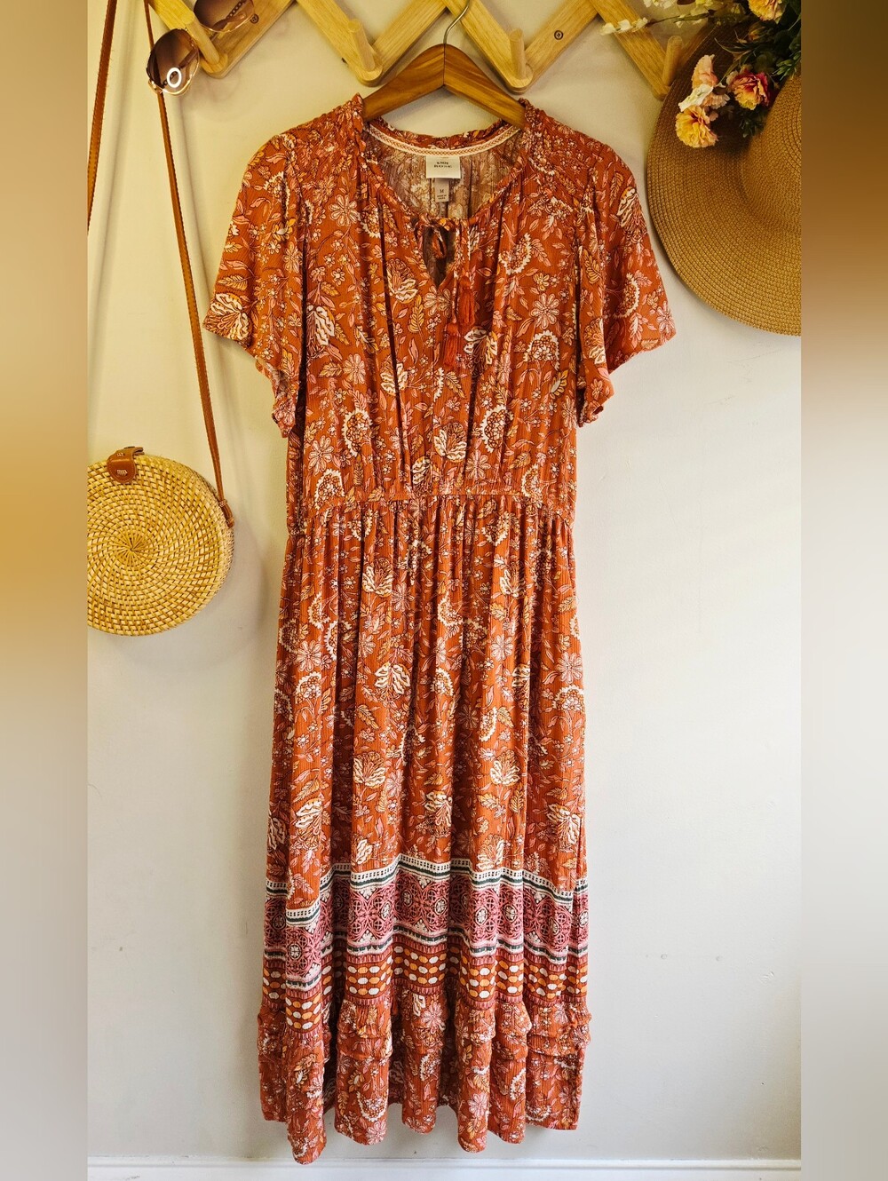 Universal Thread Rust Floral Maxi Dress with Cream Accents